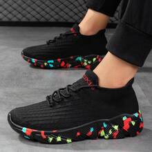 TOLLN 男士針織低幫紅色彈性襪套運動鞋,輕量防滑運動鞋 - 黑色 - 查看 3