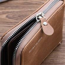 1入咖啡色細長極簡三折男款錢包卡片套帶全包覆拉鍊防盜男式短款火線皮革錢包2024年時尚新年男士禮品卡片組織器智慧錢包身份證照片駕照證件窗口信用卡銀行卡持有者卡夾錢夾袋帶拉鍊口袋卡夾錢包 - 棕色 - 查看 5