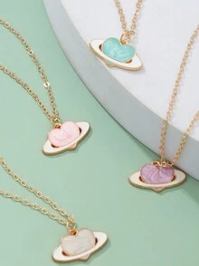 4入組/套可愛簡約設計的油滴心形和星球項鍊，搭配“愛”吊墜，適合女孩日常佩戴 - 彩色 - 查看 2