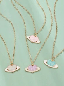 4入組/套可愛簡約設計的油滴心形和星球項鍊，搭配“愛”吊墜，適合女孩日常佩戴 - 彩色 - 查看 5