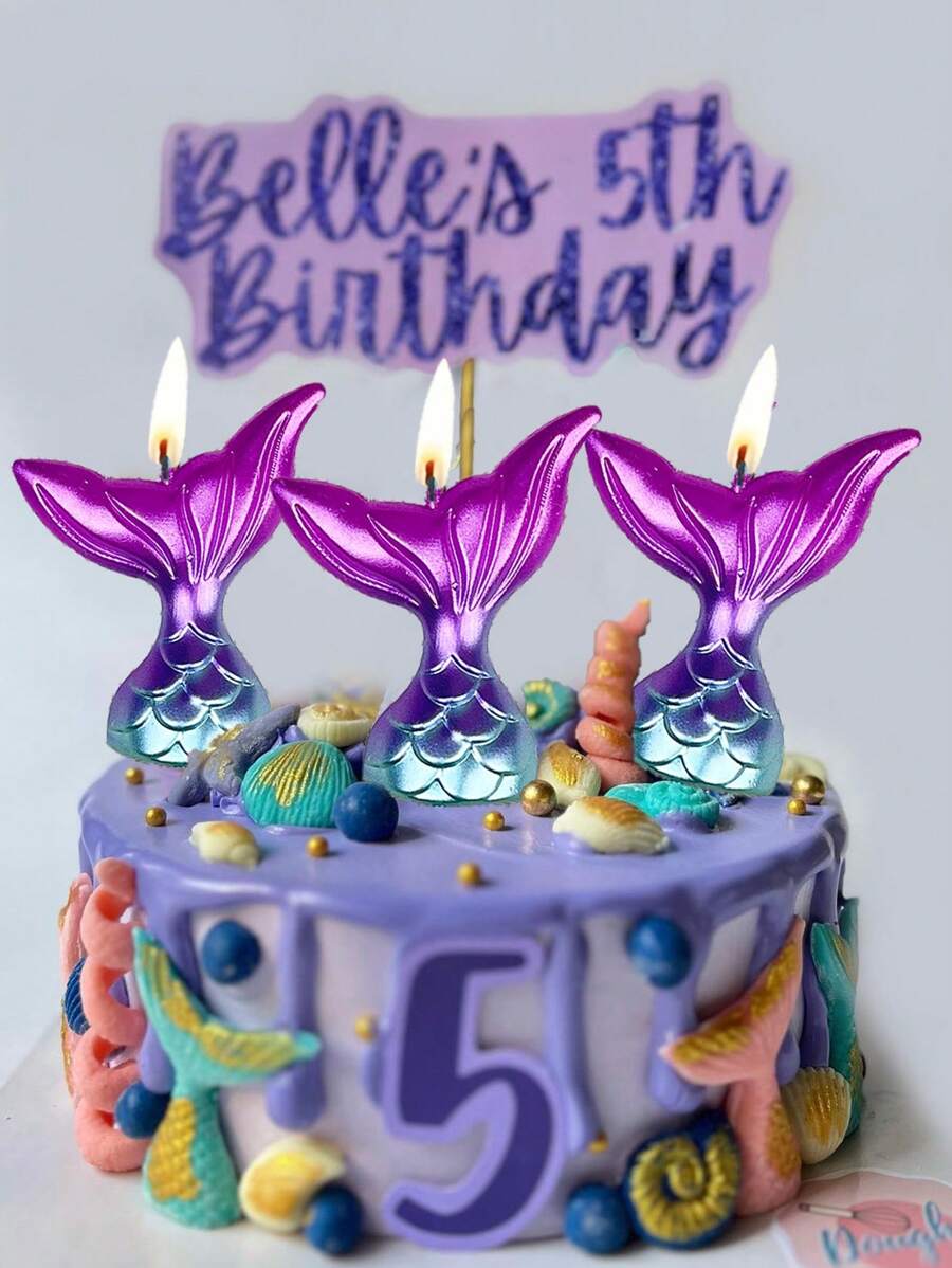 3 件渐变色美人鱼尾巴高级海洋主题生日蛋糕装饰蜡烛 - 彩色 - 查看 1