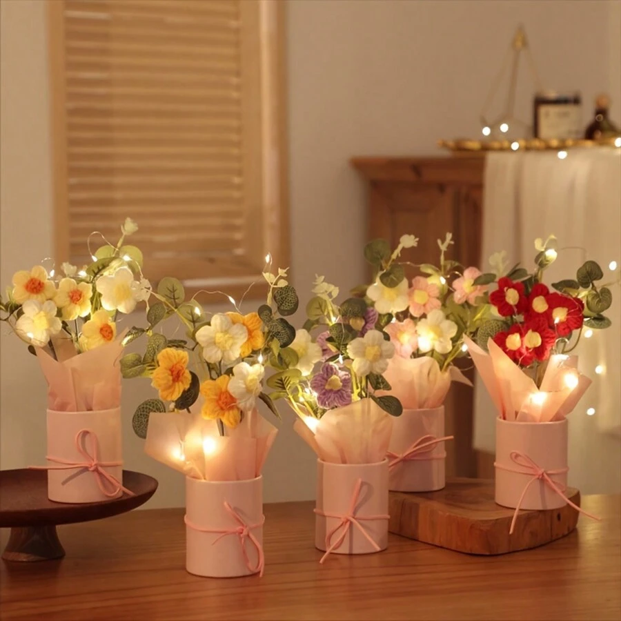 1 套情人節針織花束,diy 手工編織紗花,針織花 + Led 燈串(不含電池),派對裝飾仿真花 - 彩色 - 查看 1