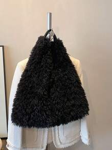 1只固色超大容量明亮絨毛袋,日常時尚單品,約會旅行手提袋 - 黑色 - 查看 1