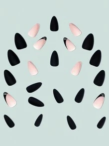 24入組秋冬款簡約杏仁形狀黑色甜美酷女法式假指甲+1pc果凍凝膠+1pc指甲檔修指套裝 - 彩色 - 查看 3