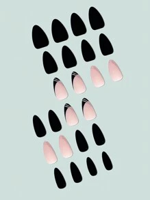 24入組秋冬款簡約杏仁形狀黑色甜美酷女法式假指甲+1pc果凍凝膠+1pc指甲檔修指套裝 - 彩色 - 查看 2