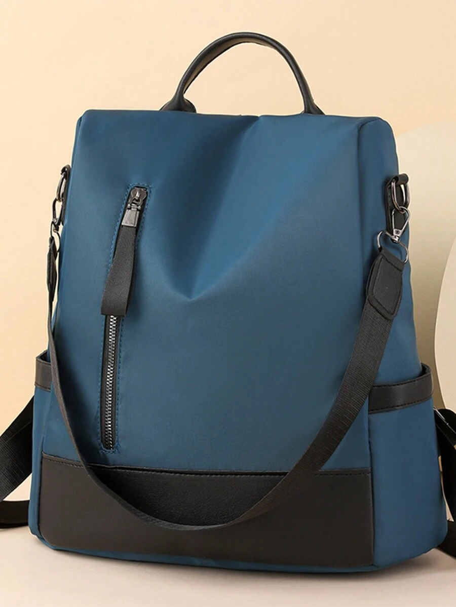 女士純色防盜拼接背包，時尚背包，適用於學校，便攜式，帶有手提電腦隔層，大容量，適用於青少年女孩、大學生、中學生、小學生、辦公室、戶外、旅行、郊遊 - 藍色 - 查看 1