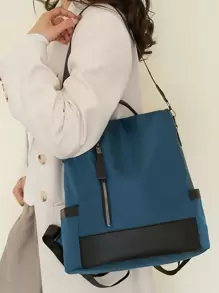 女士純色防盜拼接背包，時尚背包，適用於學校，便攜式，帶有手提電腦隔層，大容量，適用於青少年女孩、大學生、中學生、小學生、辦公室、戶外、旅行、郊遊 - 藍色 - 查看 2