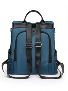 女士純色防盜拼接背包，時尚背包，適用於學校，便攜式，帶有手提電腦隔層，大容量，適用於青少年女孩、大學生、中學生、小學生、辦公室、戶外、旅行、郊遊 - 藍色 - 查看 6