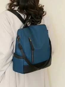 女士純色防盜拼接背包，時尚背包，適用於學校，便攜式，帶有手提電腦隔層，大容量，適用於青少年女孩、大學生、中學生、小學生、辦公室、戶外、旅行、郊遊 - 藍色 - 查看 3