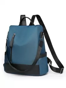 女士純色防盜拼接背包，時尚背包，適用於學校，便攜式，帶有手提電腦隔層，大容量，適用於青少年女孩、大學生、中學生、小學生、辦公室、戶外、旅行、郊遊 - 藍色 - 查看 5