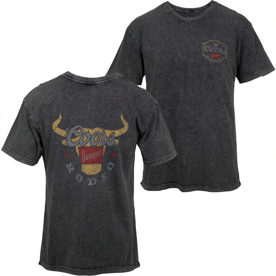Coors Banquet Rodeo Long Horns Logo Distressed Front And Back T-Shirt - Black - View 1