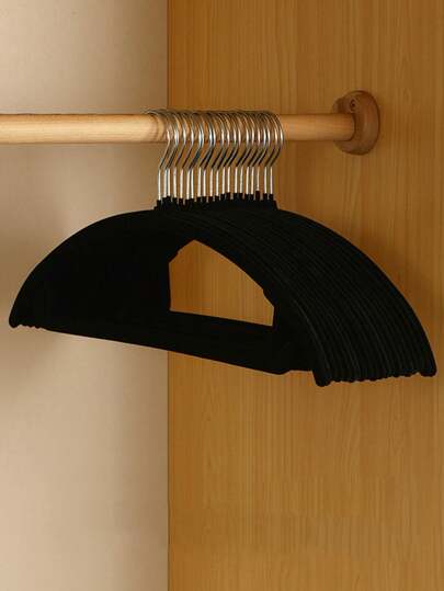 10pcs Black Velvet Non-Slip Clothes Hanger, Thickened Plastic Coat Hanger, Suitable For Adult Clothes Drying, Creative & Simple