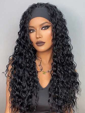 26 "Curly Hair Band Female Wig Wavy Black Wig With Headband Synthetic Woven Chemical Fiber Long Curly Hair Wig For Everyday Use And Halloween, Cosplay, Christmas, Fashion Girls.