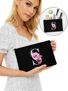 字母s和花紋手提袋,輕便收納式拉鍊化妝包,多功能化妝品洗漱包適用於女性,適用於旅行收納個人化妝品、贈送女孩禮物、聖誕彩妝收納包、手拿包、化妝品收納,方便實用 - 黑色 - 查看 2