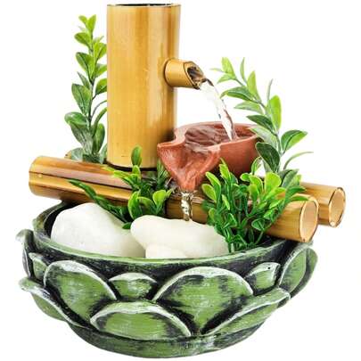 Fonte De Agua Cascata 2 quedas Jarro Bambu Flor Lotus Verde Decoracao