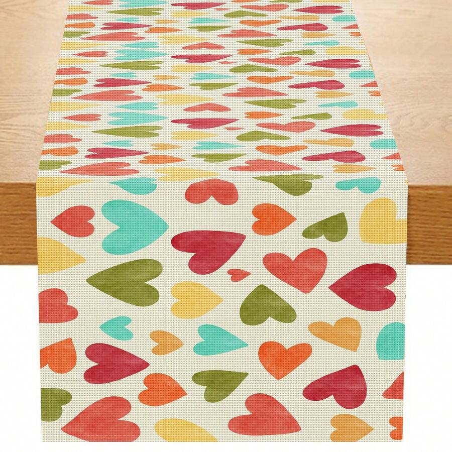 1入組帶心形印花圖案亞麻方桌跑，適用於餐桌或咖啡桌的家居裝飾 - 彩色 - 查看 1