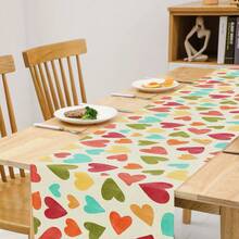 1入組帶心形印花圖案亞麻方桌跑，適用於餐桌或咖啡桌的家居裝飾 - 彩色 - 查看 4