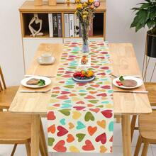 1入組帶心形印花圖案亞麻方桌跑，適用於餐桌或咖啡桌的家居裝飾 - 彩色 - 查看 2
