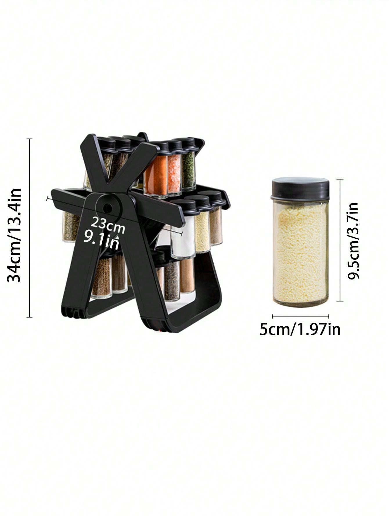 1pc Ferris Wheel Rotating Glass Spice Rack Set, With 18 Glass Spice Jars And Pvc Black Sticker