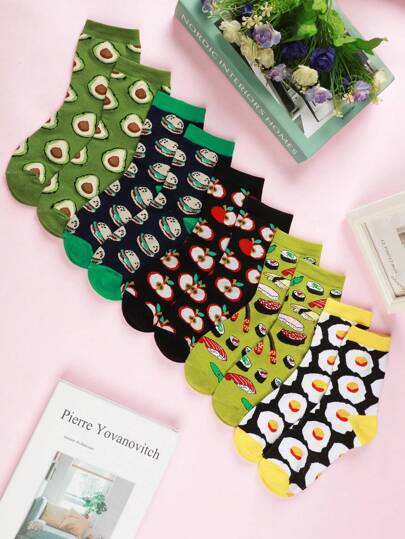 10 pares de calcetines de tubo medio femenino, estilo de alojamiento original, impresión de alimentos y frutas, patrón creativo, calcetines de pareja de moda callejera