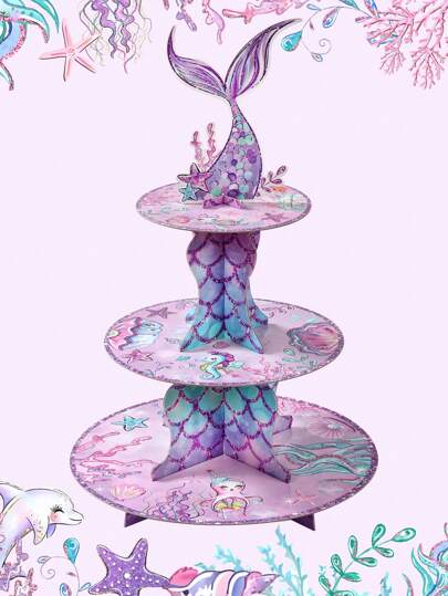 半套三层美人鱼纸杯蛋糕架，纸质纸杯蛋糕托架，适用于婴儿派对、生日派对装饰，纸板纸杯蛋糕塔，适合儿童派对、婴儿派对、返校季、情人节等场合。