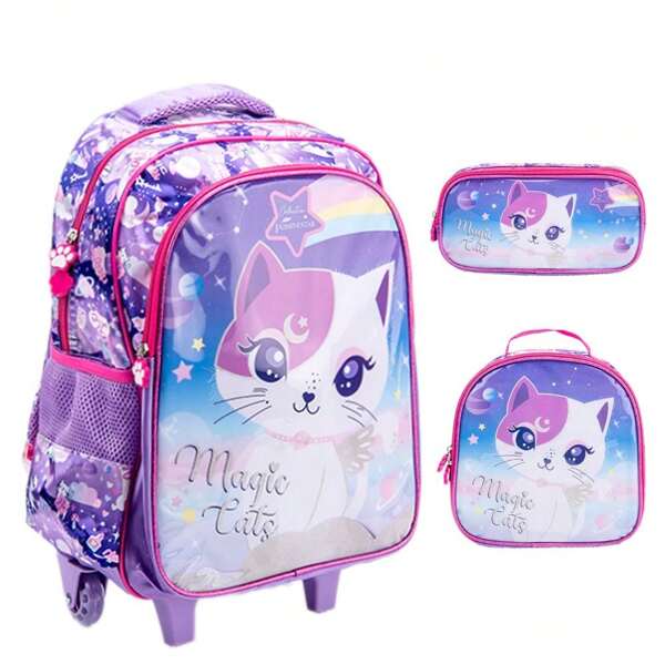 Mochila de Rodinha Infantil Menina Kit Mochila Lancheira Estojo Impermeável