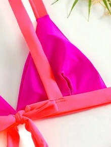 女士時尚拼色比基尼套裝，性感露背和可調節，兩件套 - 玫紅色 - 查看 4