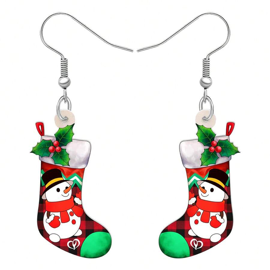 亚克力趣味彩色圣诞圣诞老人袜子耳环垂坠新奇家庭节日装饰女士女孩儿童饰品礼物饰品 - 紅白色 - 查看 1