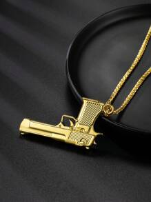 1入組中性金色創意3D嘻哈時尚槍型掛墜項鍊，非常適合男女日常穿著和節日穿著 - 金黃色 - 查看 5