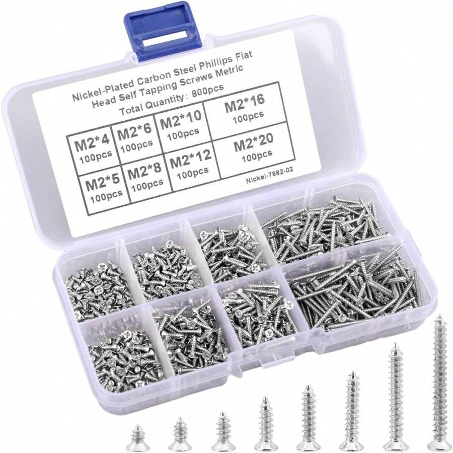 800pcs Self-Drilling Screws With Storage Box, 8 Sizes Screw Assortment Set, Carbon Steel Self-Tapping Screws, Suitable For Construction And Repair (800pcs/Box) - Silver - View 1