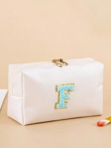 1件時尚可愛防水旅行女性女孩化妝包組織器化妝袋，附毛絨字母F存儲口紅袋，帶拉鍊化妝箱 - 米色 - 查看 1