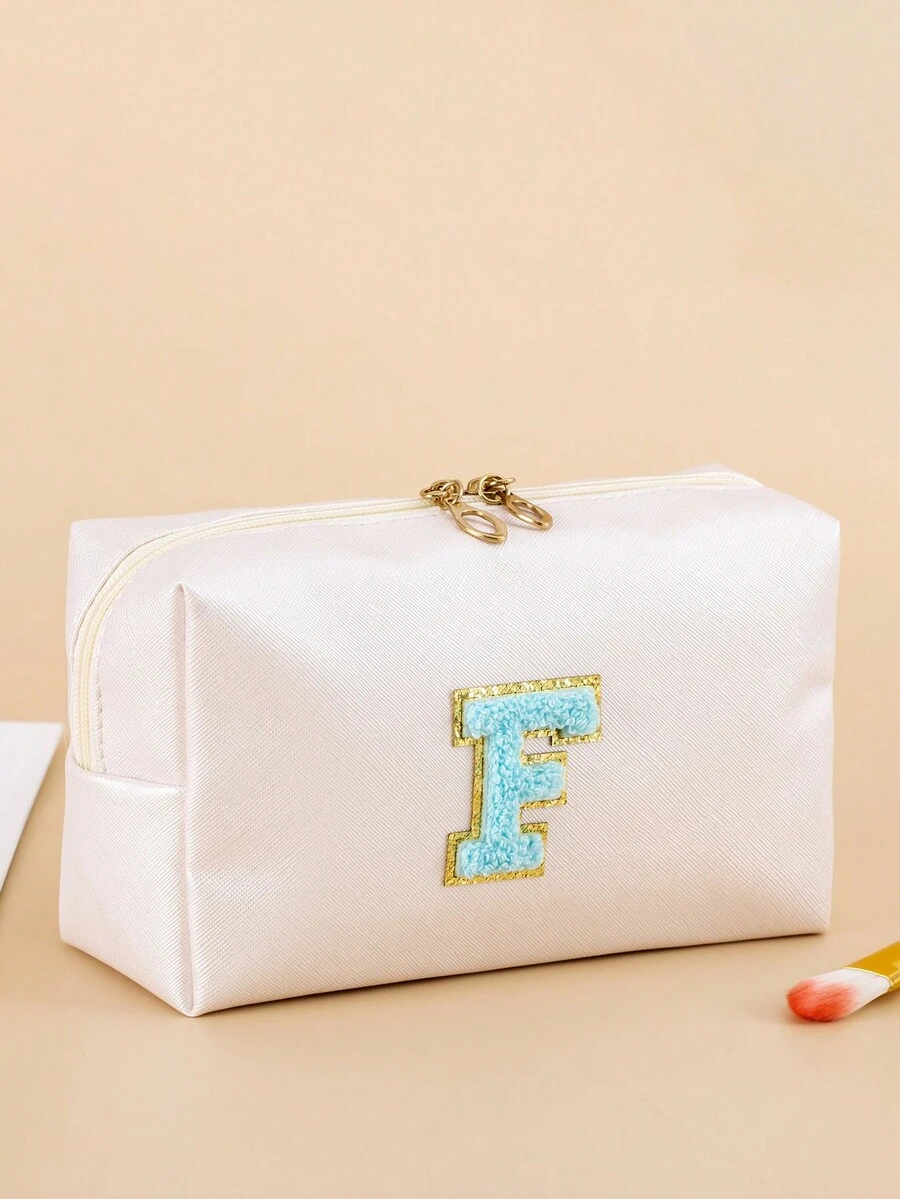 1件時尚可愛防水旅行女性女孩化妝包組織器化妝袋，附毛絨字母F存儲口紅袋，帶拉鍊化妝箱 - 米色 - 查看 1