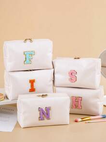 1件時尚可愛防水旅行女性女孩化妝包組織器化妝袋，附毛絨字母F存儲口紅袋，帶拉鍊化妝箱 - 米色 - 查看 5