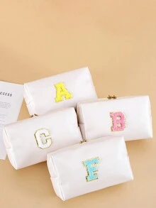 1件時尚可愛防水旅行女性女孩化妝包組織器化妝袋，附毛絨字母F存儲口紅袋，帶拉鍊化妝箱 - 米色 - 查看 4