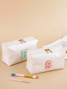 1件時尚可愛防水旅行女性女孩化妝包組織器化妝袋，附毛絨字母F存儲口紅袋，帶拉鍊化妝箱 - 米色 - 查看 2