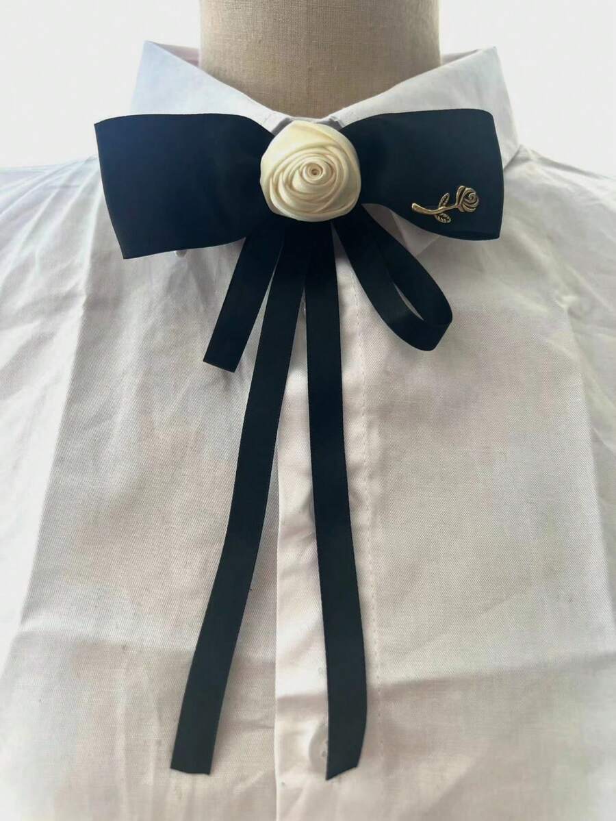 1入組手工製作的聚酯纖維蝴蝶領帶,帶黑色帶子和白色花朵細節,適合女性豪華風格 - 黑與白 - 查看 1