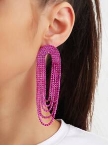 1對沉重的多層鑲鑽鏈條流蘇耳環,適用於女士奢華派對/音樂節 - 玫紅色 - 查看 1
