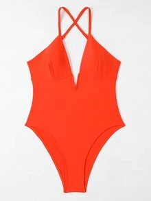 Solid Color V-Neck Backless Sexy One-Piece Swimsuit Summer - Orange - View 3