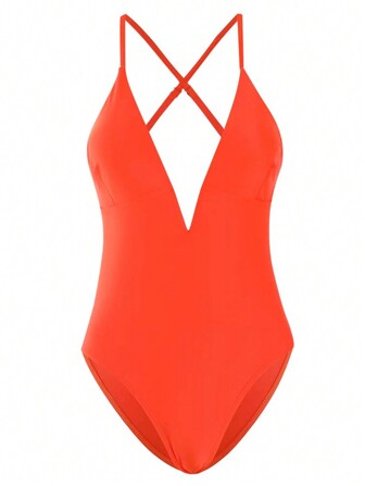 Solid Color V-Neck Backless Sexy One-Piece Swimsuit Summer
