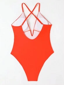 Solid Color V-Neck Backless Sexy One-Piece Swimsuit Summer - Orange - View 4