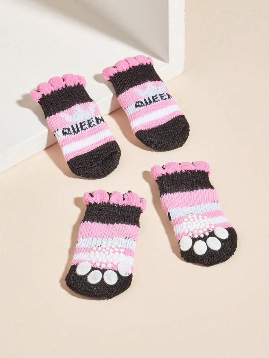 4pairs/Set Pink Striped Crown Patterned Socks - Pink - View 1