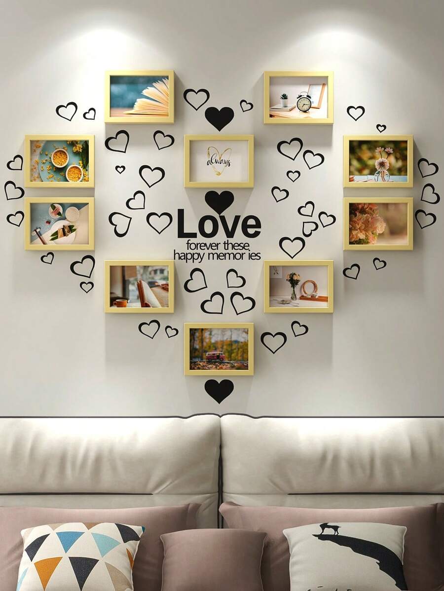 創意拼貼相框10入組,適用於5/6/7英寸相片的牆掛照片展示,適用於客廳,臥室,牆上掛照片無需鑽孔-附有愛心貼紙,絕佳的婚禮和聖誕禮物 - 原木 - 查看 1