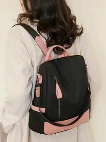 Women's Fashion Loose Large Capacity Anti-Theft Colorblock Backpack, School Backpack - Black - View 4