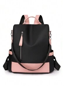 Women's Fashion Loose Large Capacity Anti-Theft Colorblock Backpack, School Backpack - Black - View 5