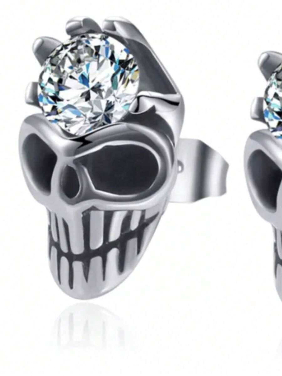 Aretes Hombre Diamante Craneo Acero Quirúrgico Piercing - Plateado - Ver 1