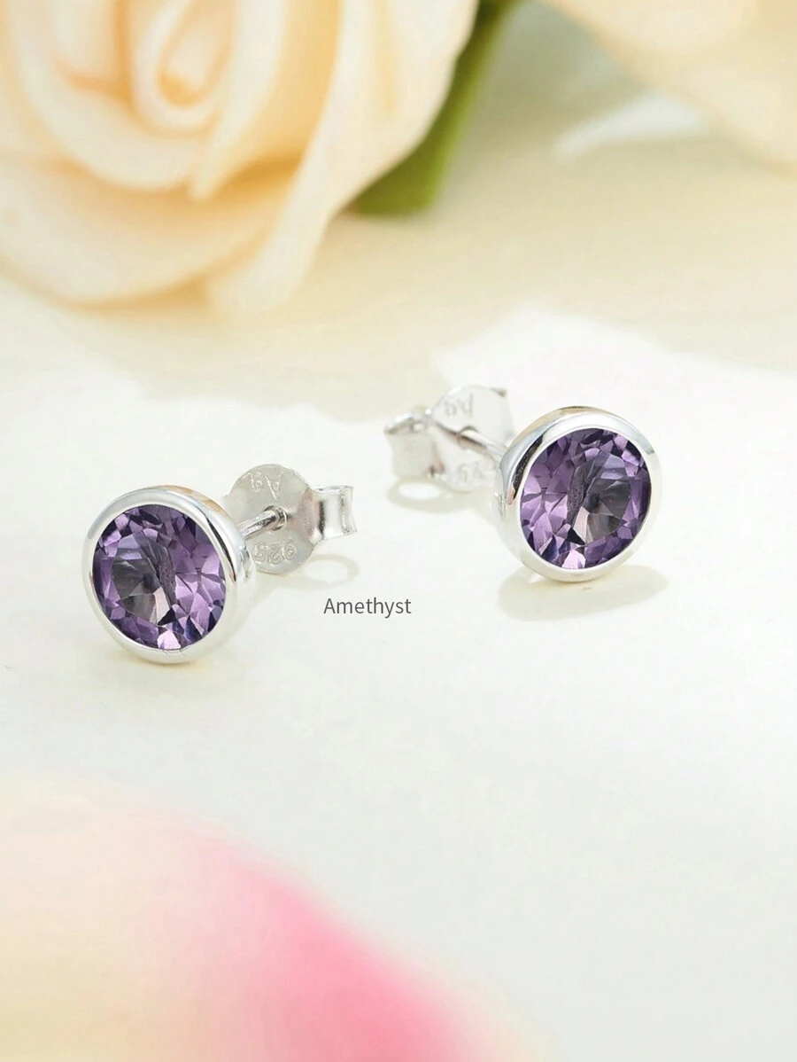 1雙925純銀天然紫水晶耳釘,偉大選擇適合女士至穿戴至派對,宴會,約會或者節日和作為禮物