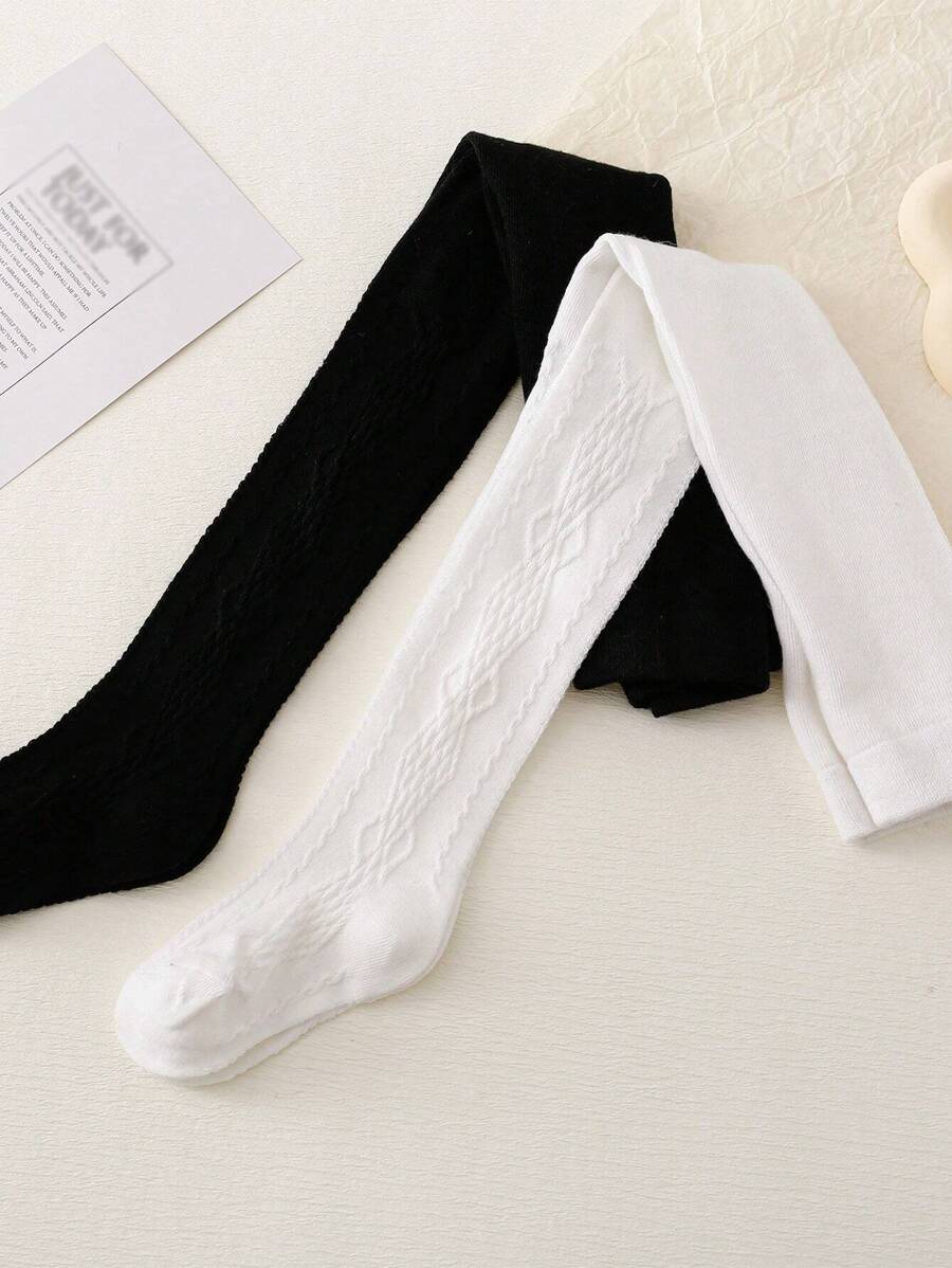 2pcs Japanese Style Girls' Simple Relief Diamond Patterned Tights - Black and White - View 1