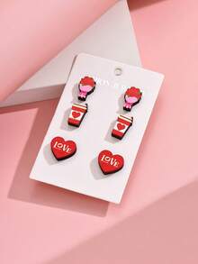 3對/組時尚女士耳環套裝,有心形、玫瑰、唇形、熊、信封等設計,非常適合約會和情人節禮物 - 彩色 - 查看 5