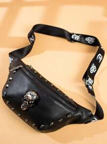 男士朋克腰包皮帶包時尚骷髏圖案臀包多功能戶外男士腰包斜挎包胸包臀包防水情人節禮物 - 黑色 - 查看 1