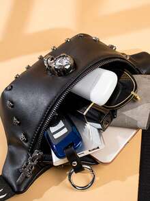 男士朋克腰包皮帶包時尚骷髏圖案臀包多功能戶外男士腰包斜挎包胸包臀包防水情人節禮物 - 黑色 - 查看 7